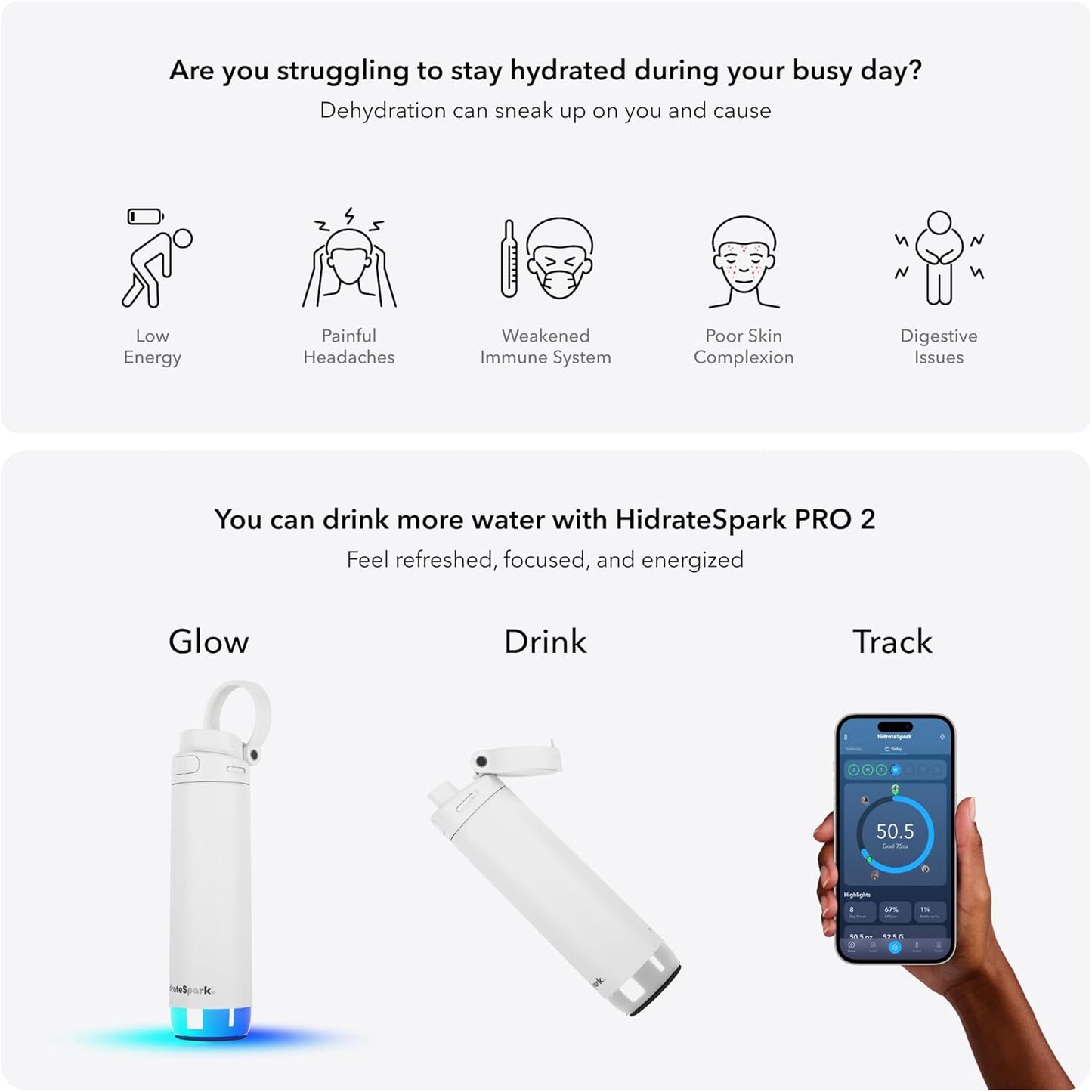 Hidrate Spark PRO 2 Botella de agua inteligente de acero inoxidable aislado de 21 onzas