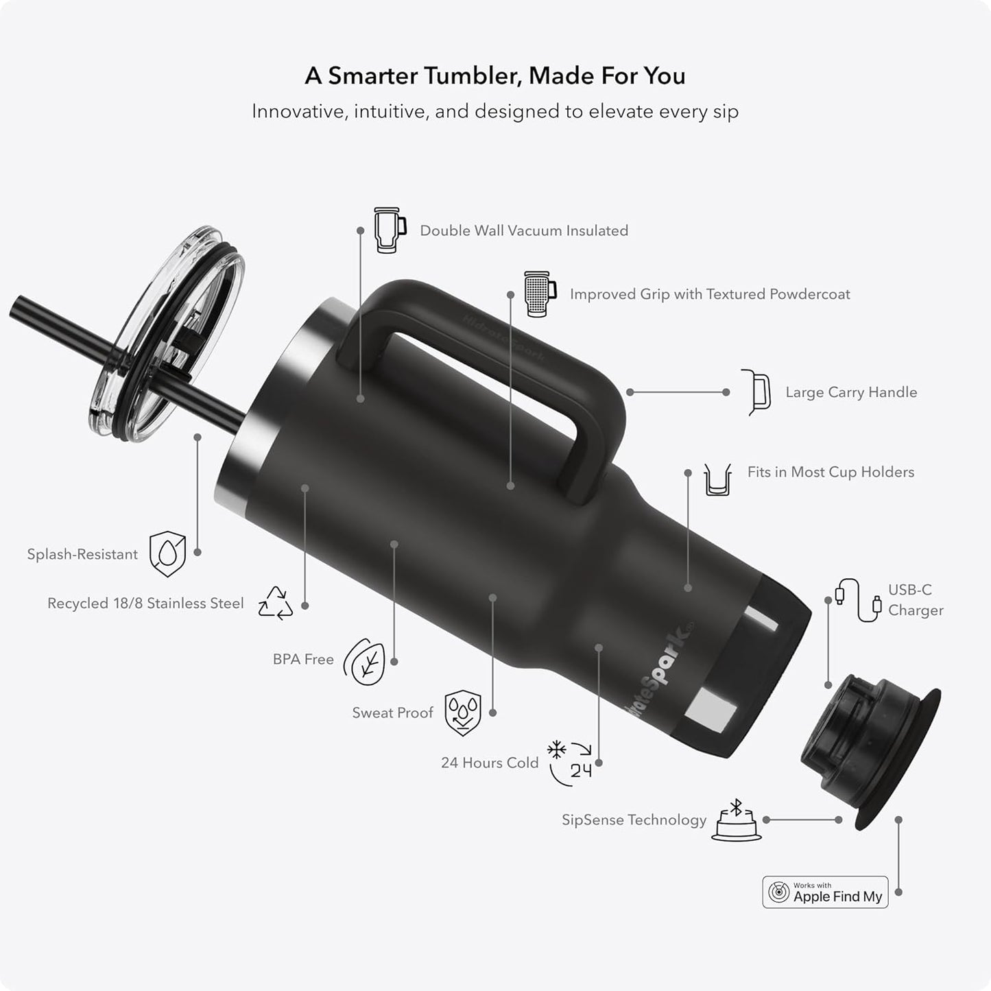 Hidrate Spark PRO 2 Smart Tumbler – Vaso inteligente de acero inoxidable aislado de 30 onzas