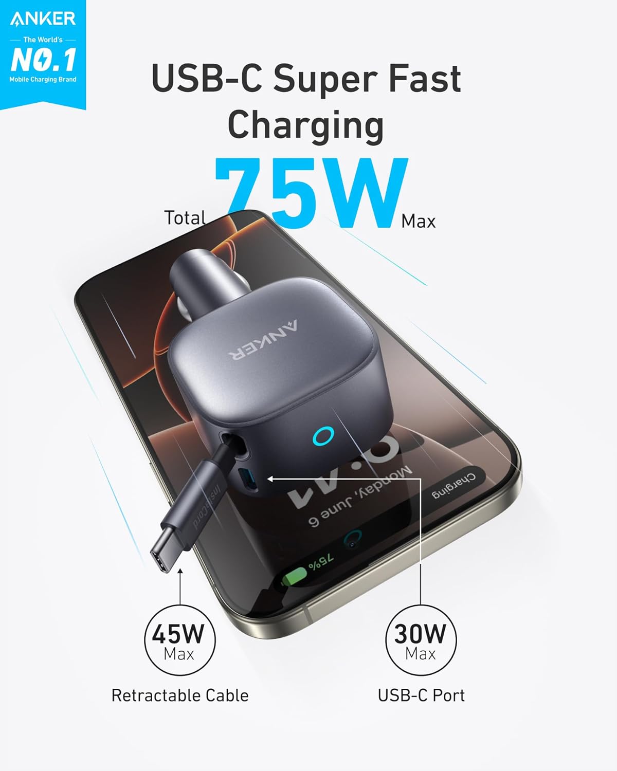 Anker Retractable USB-C Car Charger, 75W Max Fast Charging