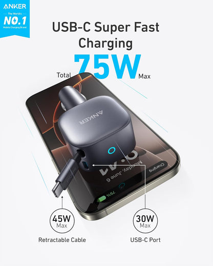 Anker Retractable USB-C Car Charger, 75W Max Fast Charging
