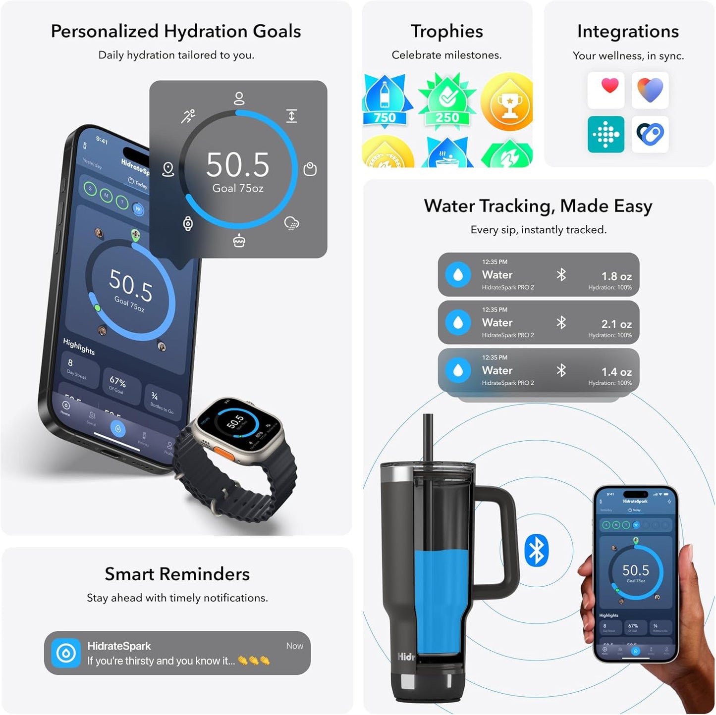 Hidrate Spark PRO 2 Smart Tumbler – Vaso inteligente de acero inoxidable aislado de 30 onzas