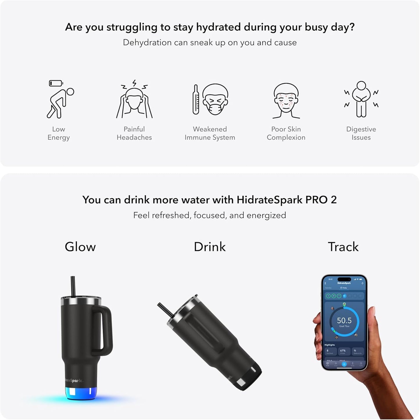 Hidrate Spark PRO 2 Smart Tumbler – Vaso inteligente de acero inoxidable aislado de 30 onzas