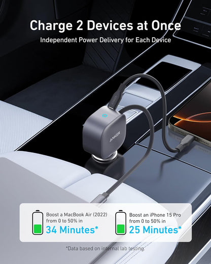 Anker Retractable USB-C Car Charger, 75W Max Fast Charging